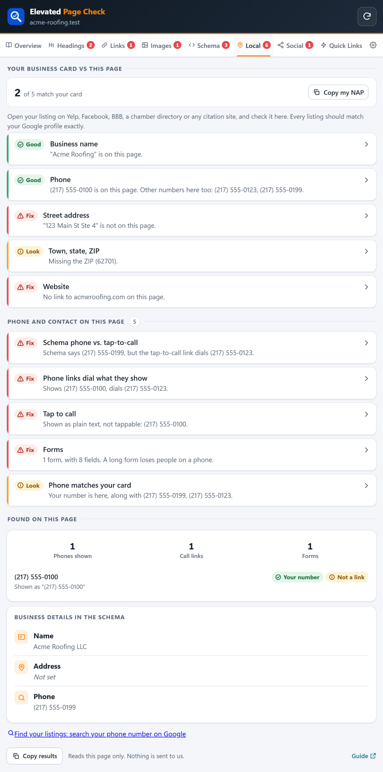 The Local tab comparing a saved business card with a sample listing