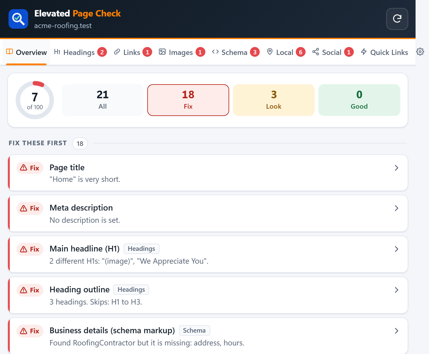 Elevated Page Check Overview tab showing a score of 7 out of 100 and the fixes for a sample roofing website