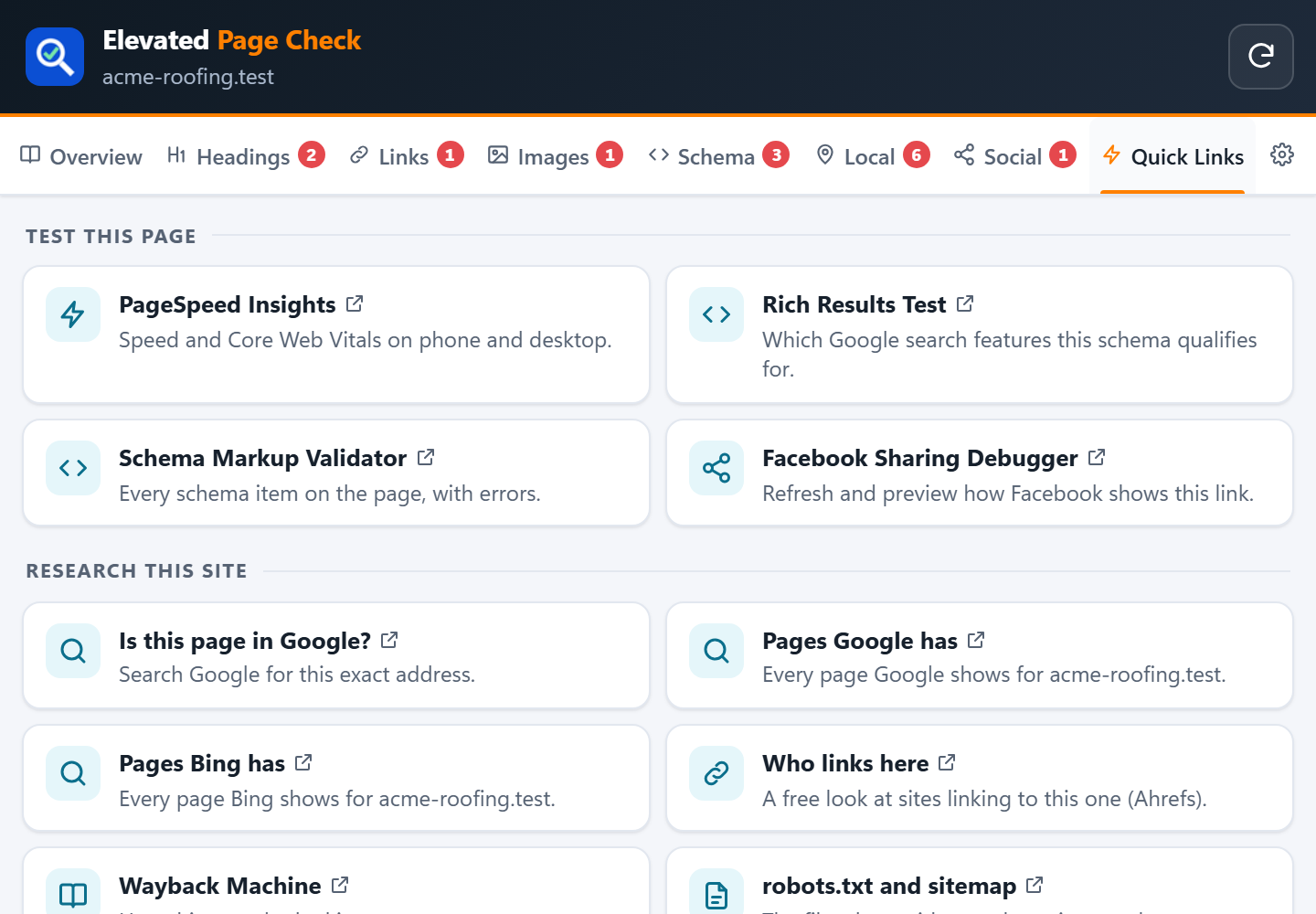 The Quick Links tab with Google tools and research links for the page