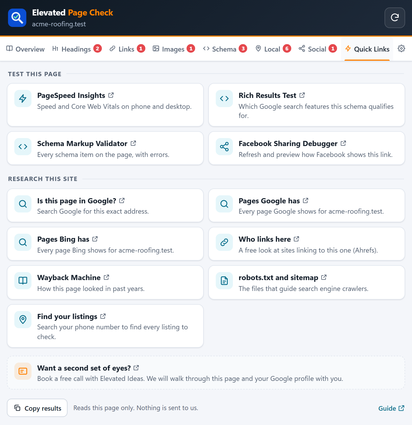 The Quick Links tab with Google tools and research links for the page