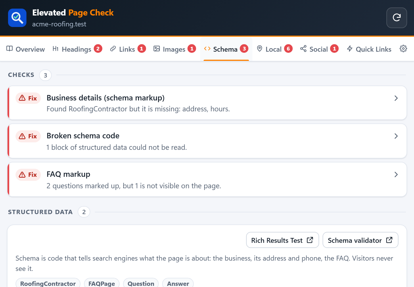 The Schema tab with the schema types and a readable tree of the business details