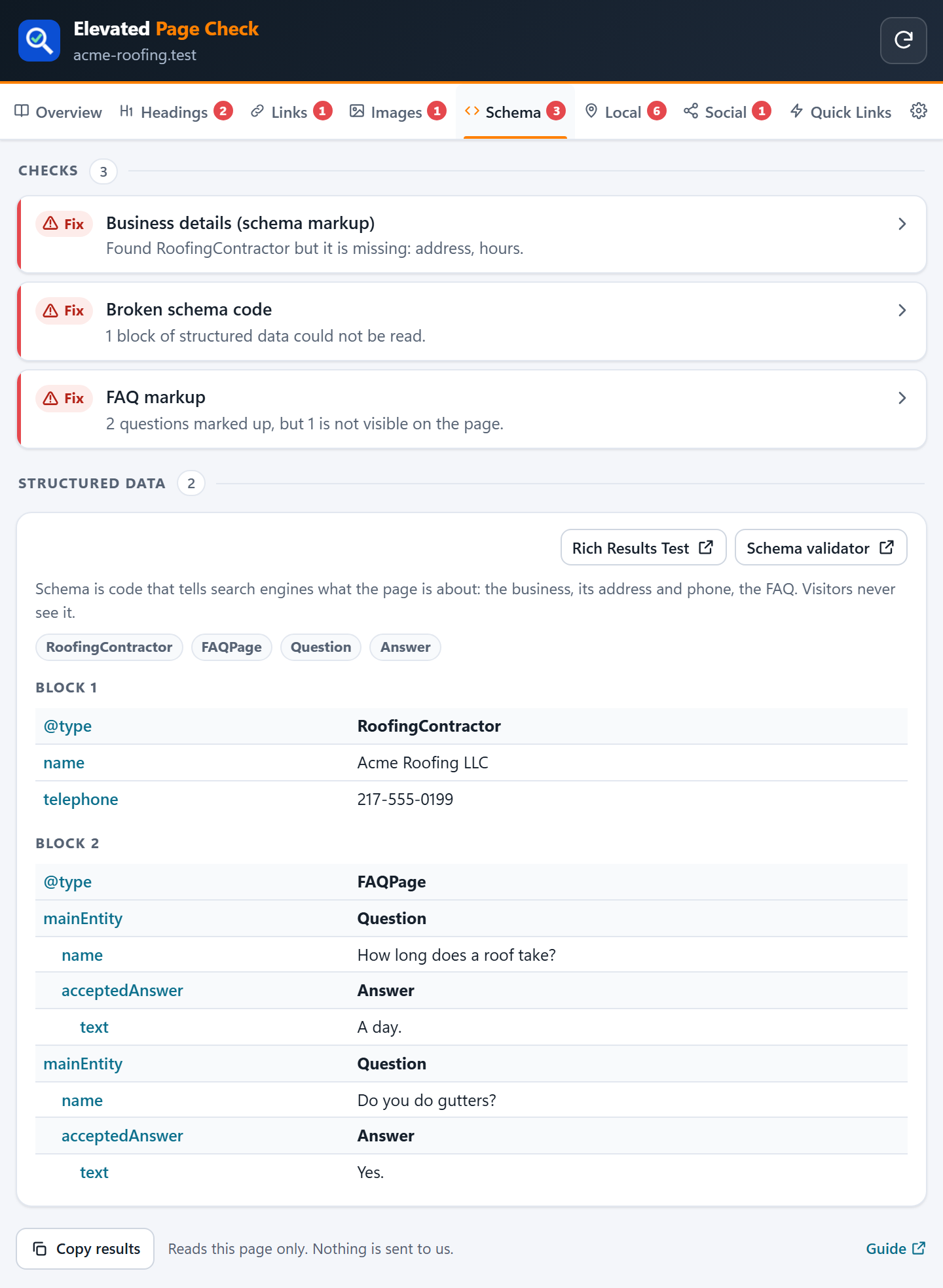 The Schema tab with the schema types and a readable tree of the business details