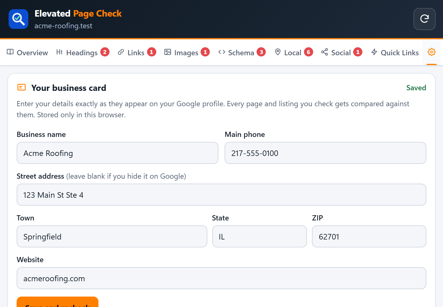 The Settings tab with the business card form