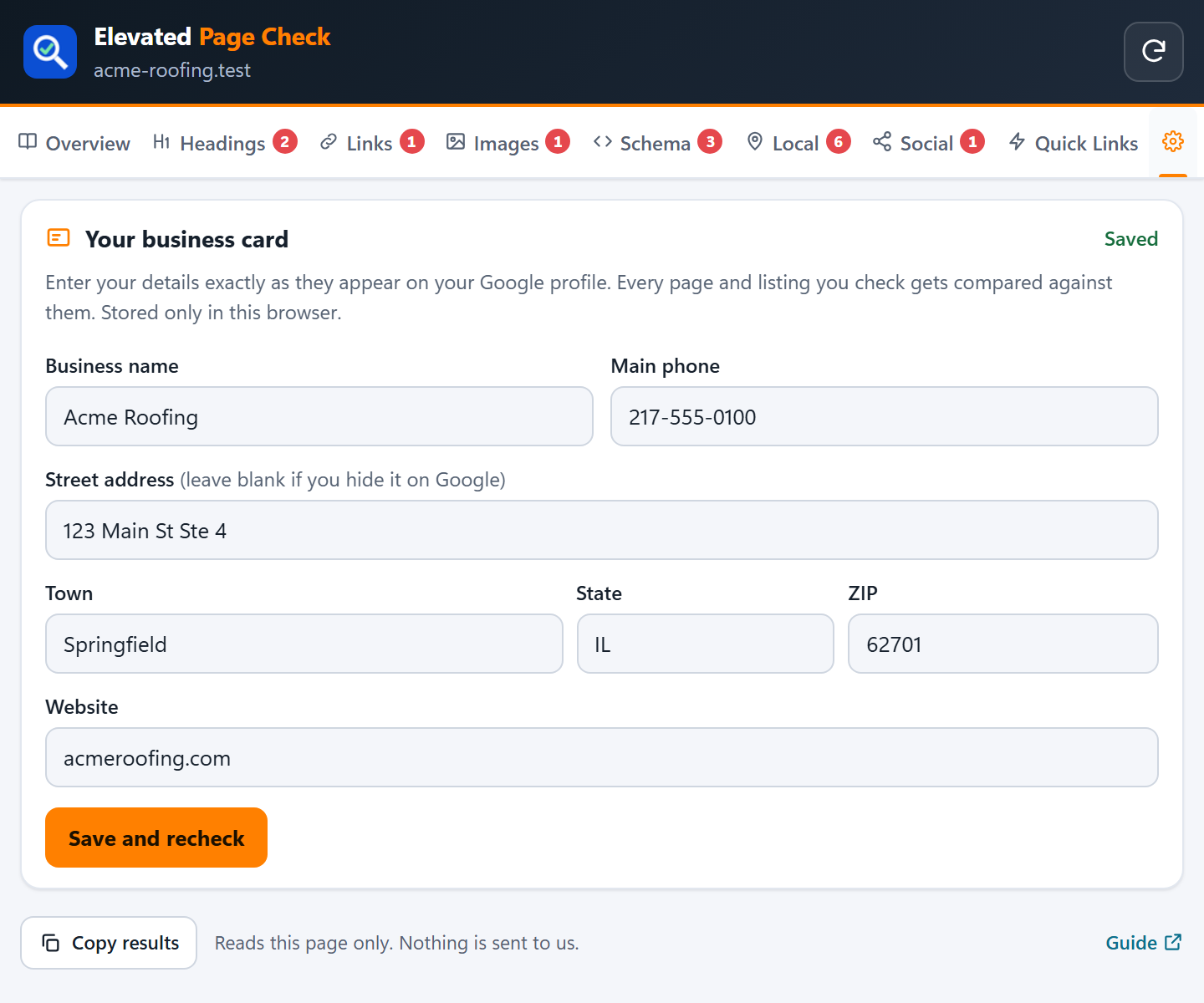 The Settings tab with the business card form