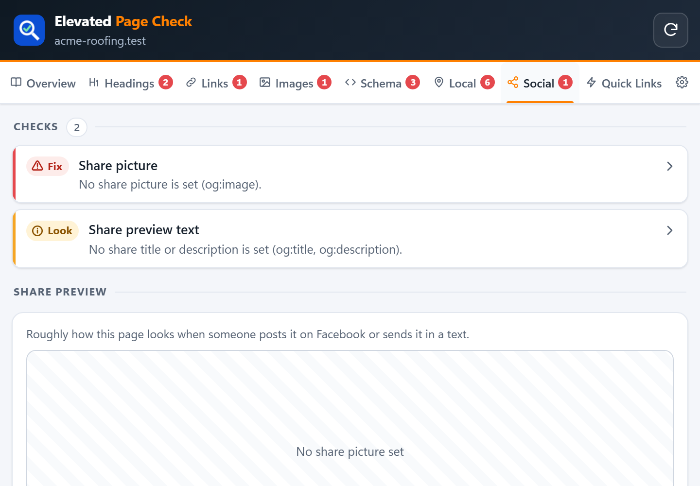 The Social tab with the share preview of a sample page
