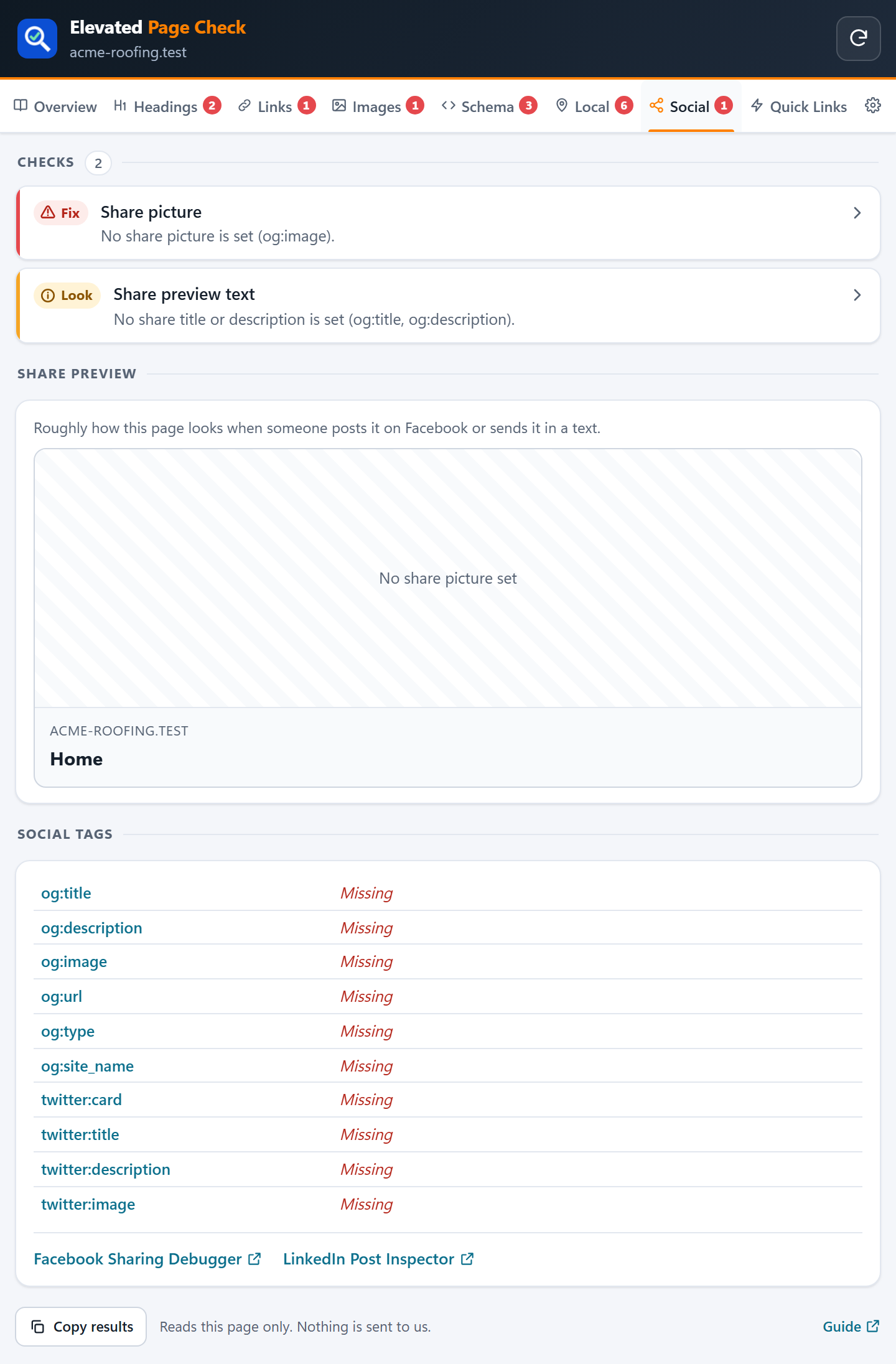 The Social tab with the share preview of a sample page