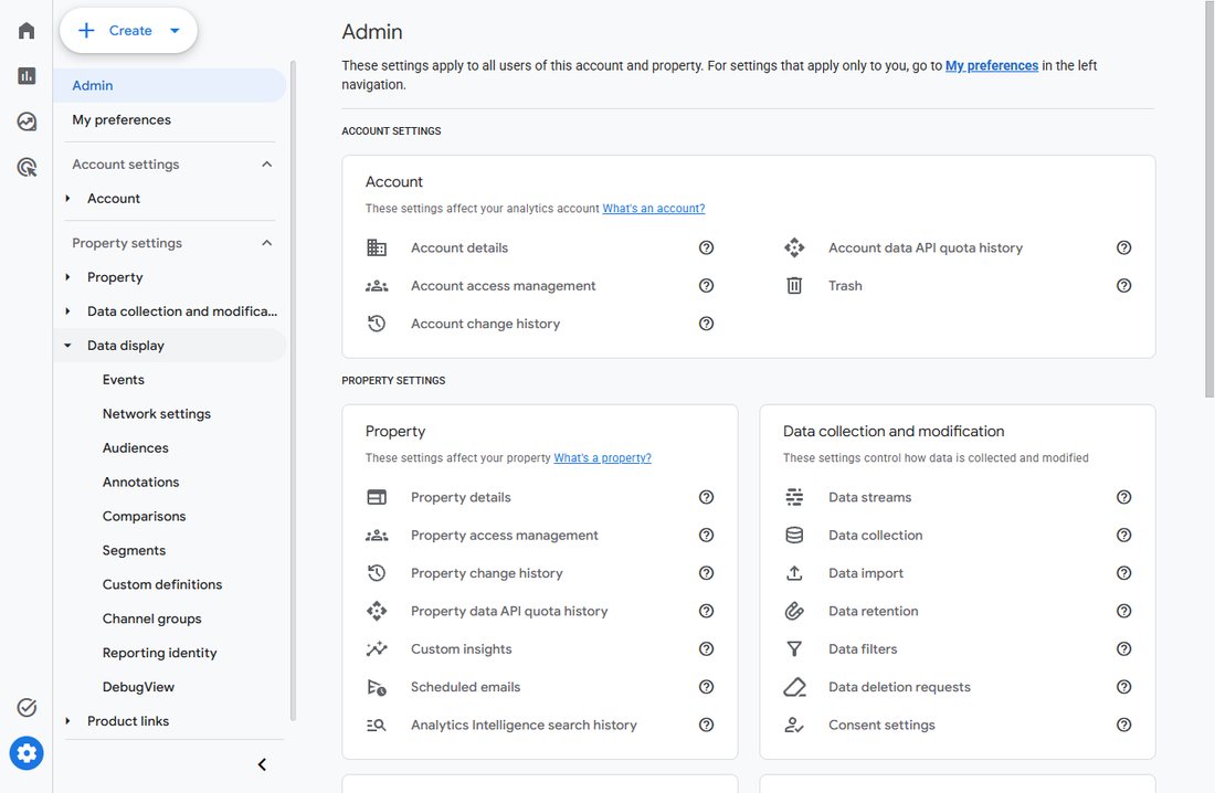 The Admin page in Google Analytics, with Property access management and the Events settings in view