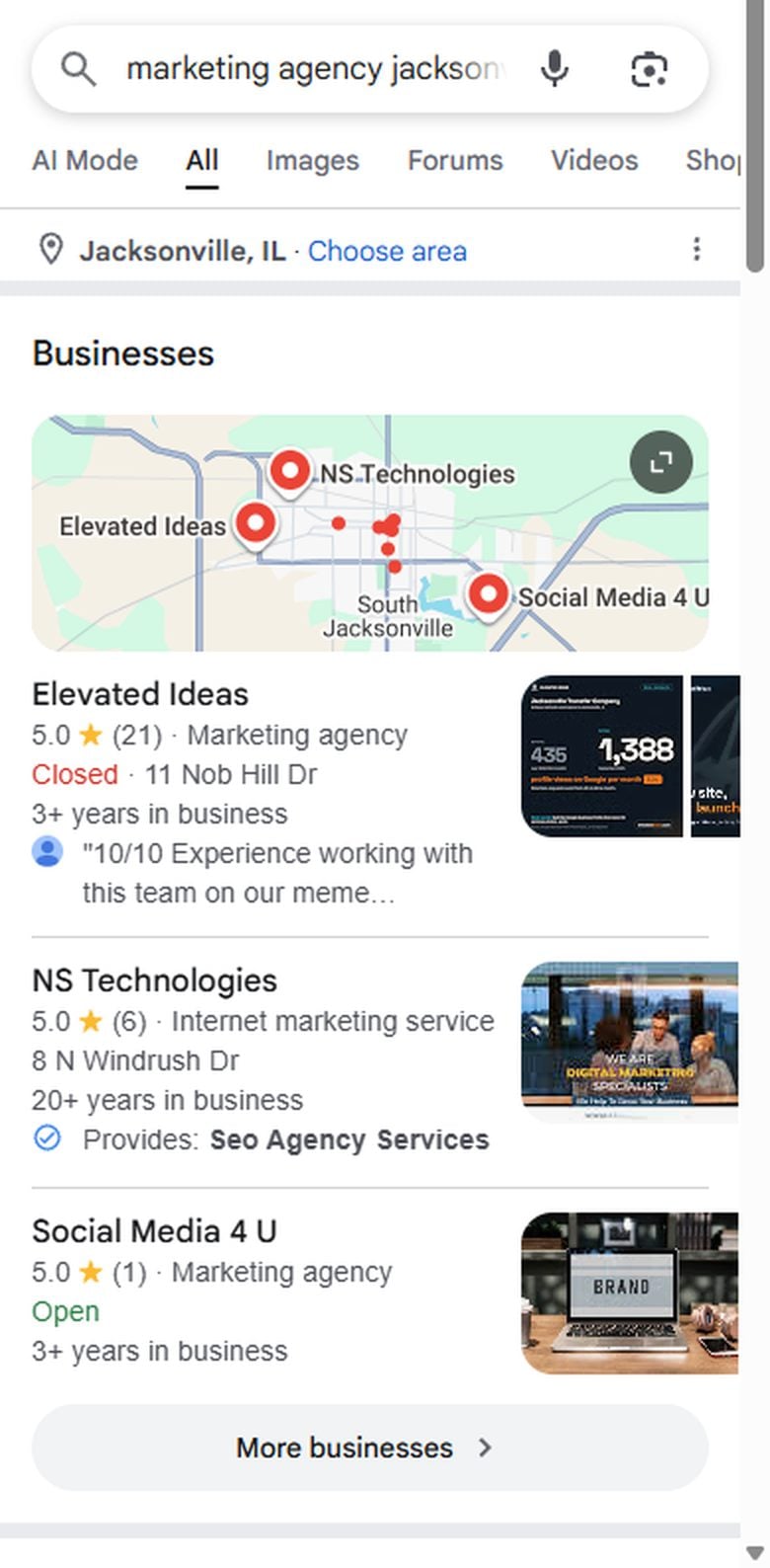 A phone Google search for a trade and a town, signed out: the results page for marketing agency Jacksonville IL