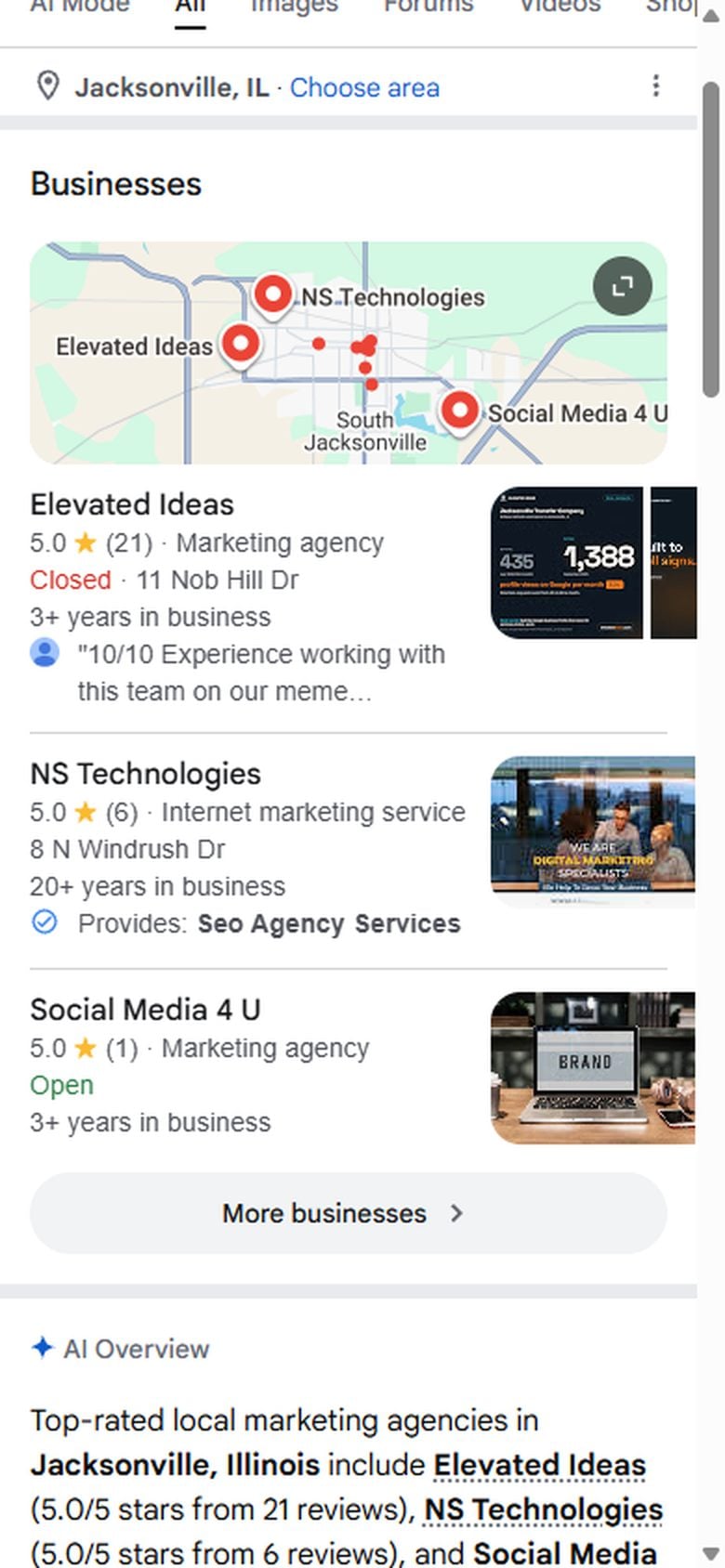 The map with three business pins and the AI Overview under it, for the same search