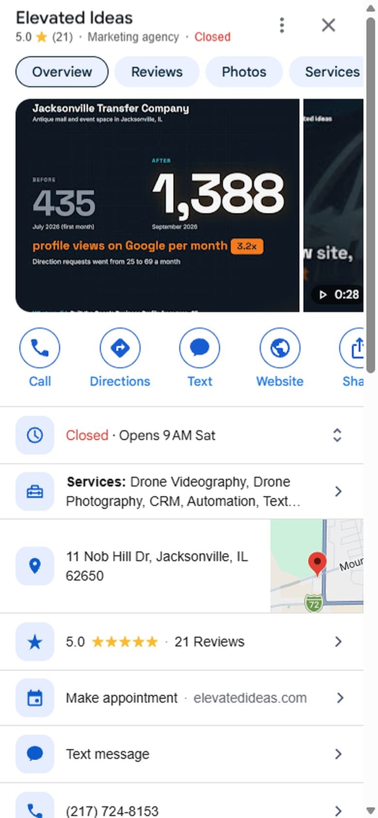 A Google Business Profile as a stranger sees it on a phone: hours, Call, Text, Website, the address and the reviews
