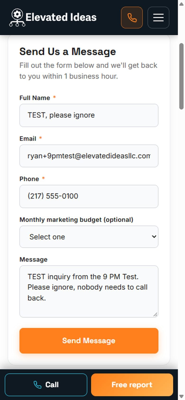 A contact form on a phone filled in as a test, with the name marked TEST and a note asking nobody to call back