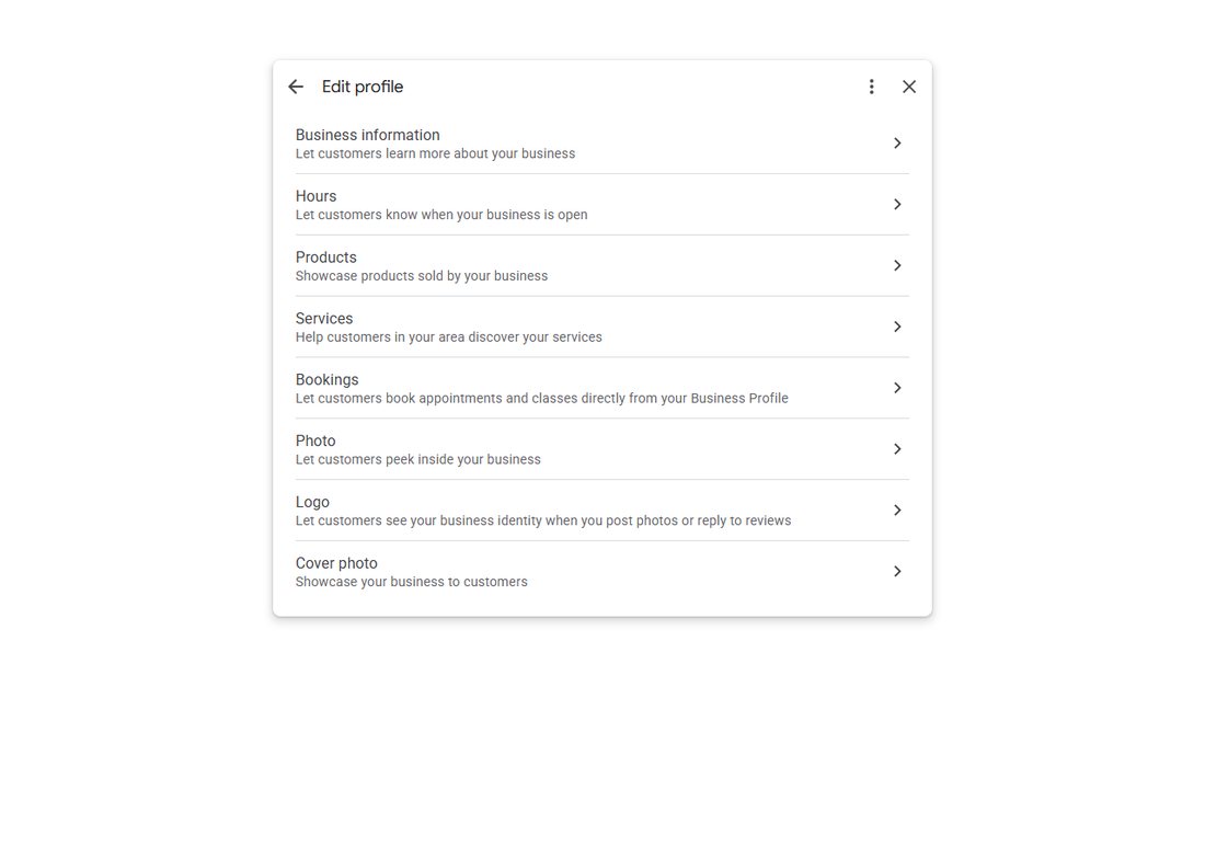 The Google Business Profile editor on a computer: Business information, Hours, Products, Services and the rest of the menu
