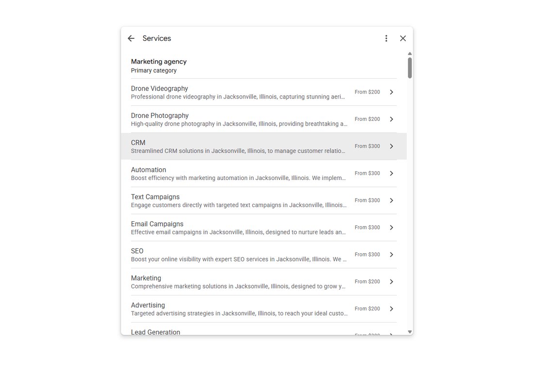 The Services tab of a Google Business Profile with each service described and a From price on it