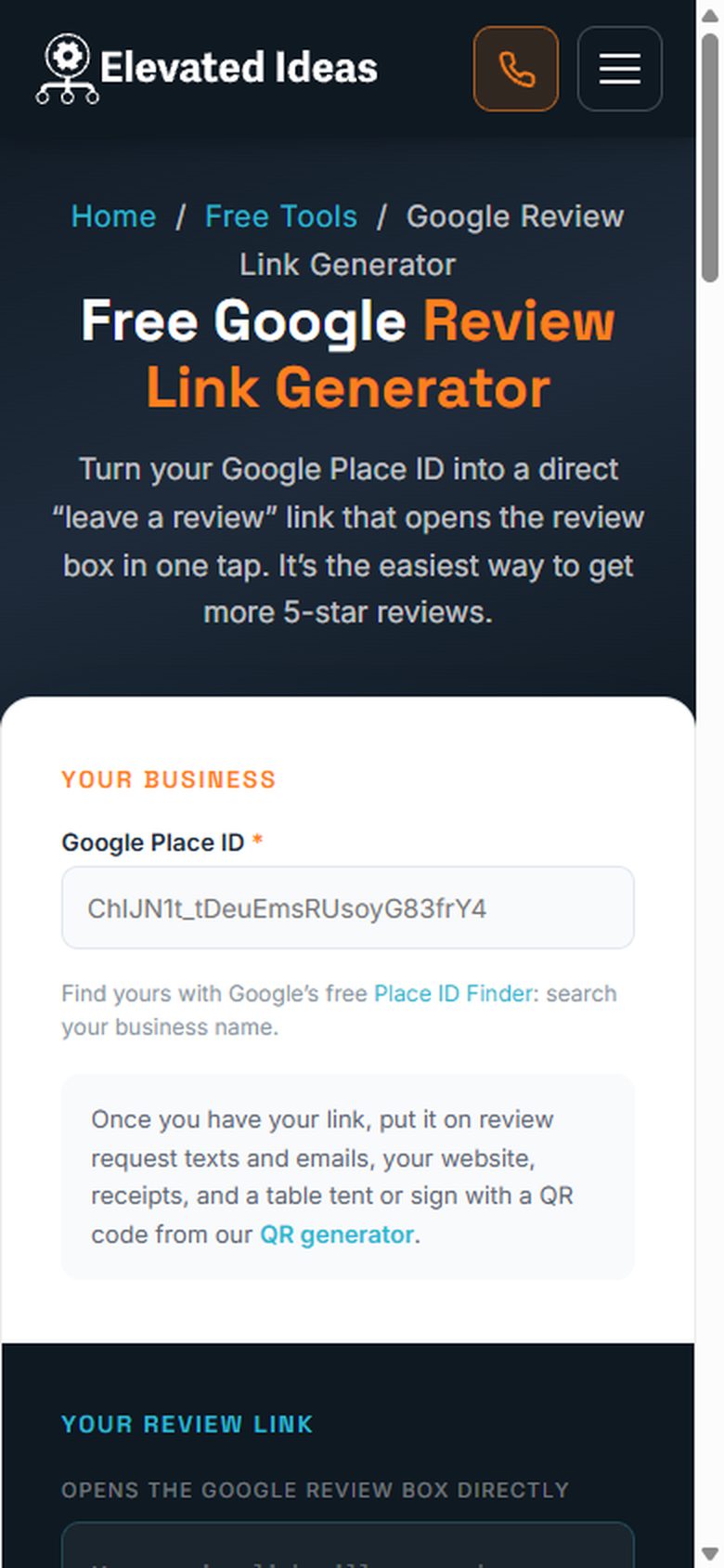 The free Google Review Link Generator tool on a phone